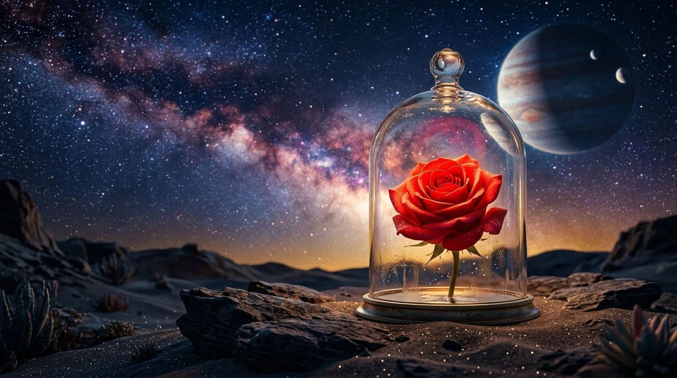 Zářící červená růže pod skleněným poklopem na planetce ve vesmíru