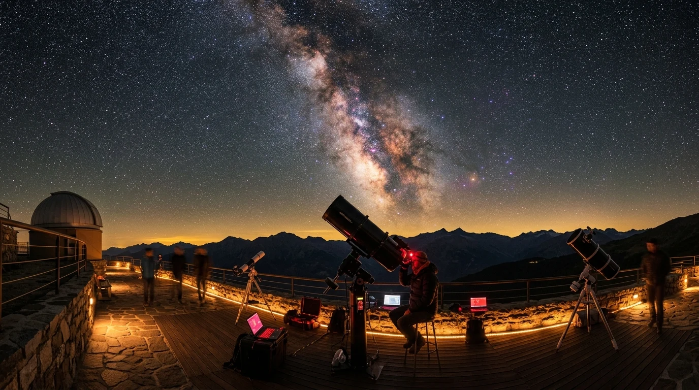 Astronomický dalekohled na observatoři pod noční oblohou s Mléčnou dráhou