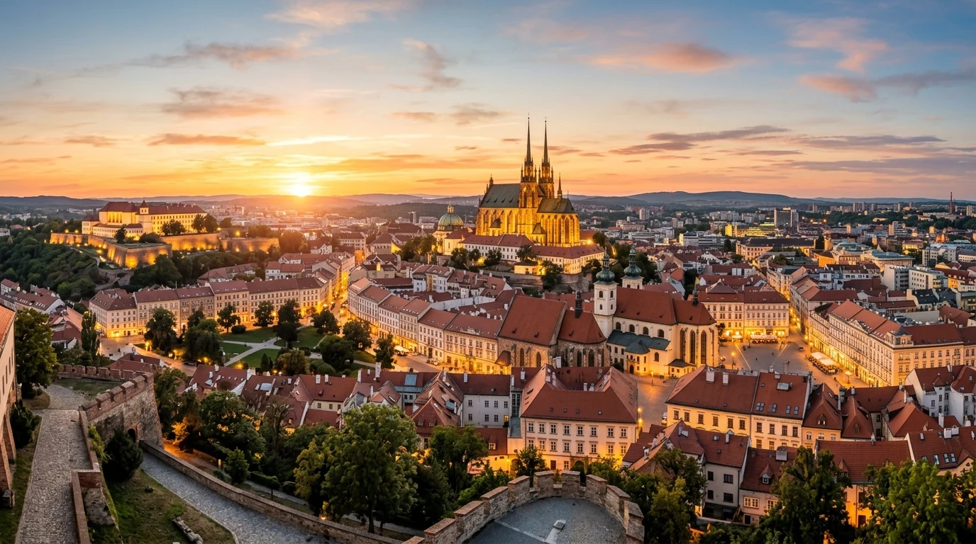 Panoramatický pohled na historické centrum Brna a katedrálu Petrov při západu slunce
